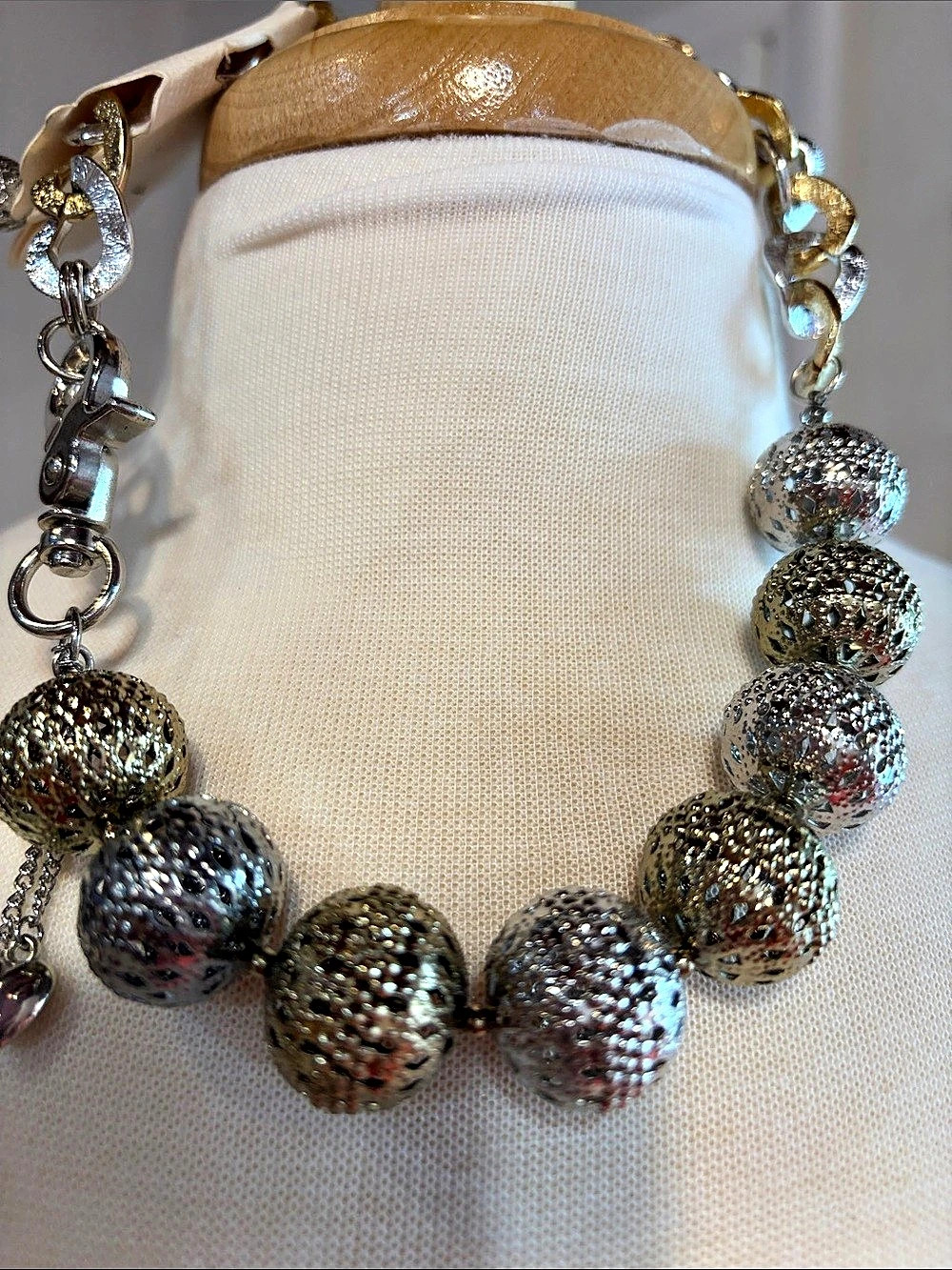 Mixed Metal Textured Bead Statement Necklace